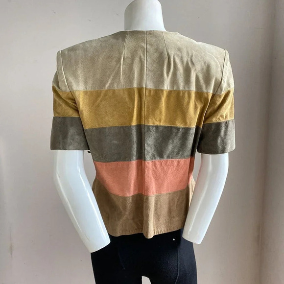 Vintage Earth Tones Colourblock Suede Button Down Cropped Short Sleeve Jacket S - Picture 6 of 7